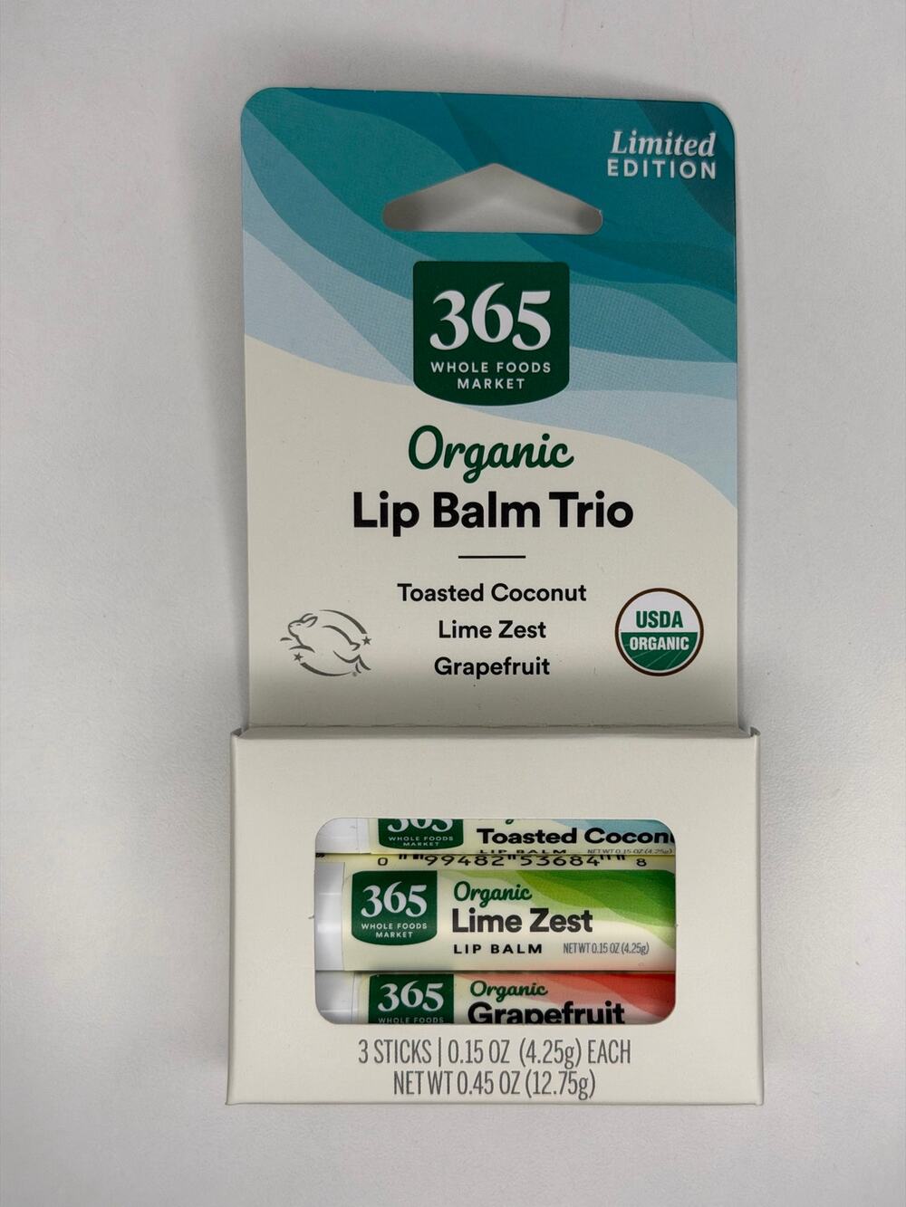 365 Whole Foods Market Organic Lip Balm Trio 3 Pack Coconut Lime Zest Grapefruit